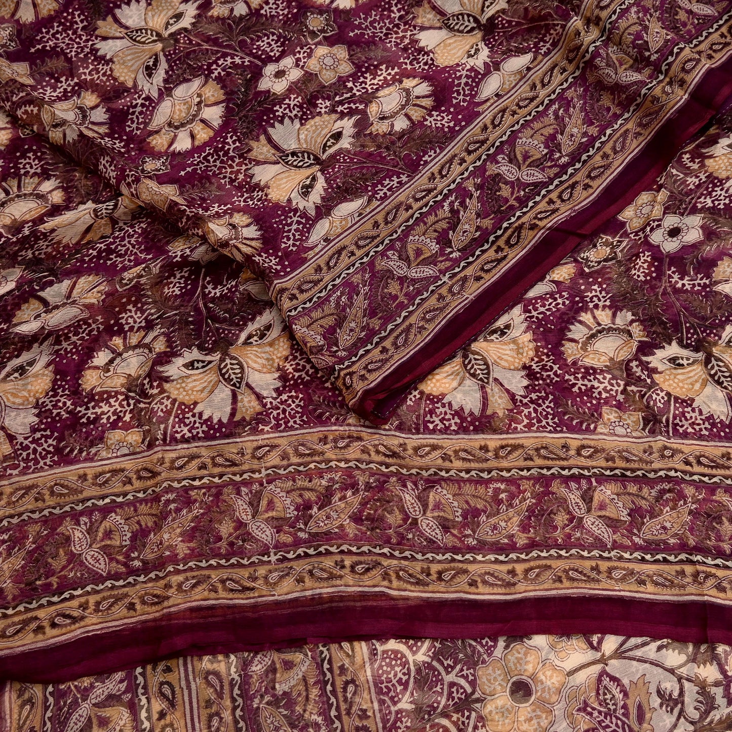 Indian Vintage Sari Maroon & Beige Pure Chiffon Silk Printed Sarees Craft Fabric Sewing 5Yard Soft Dress Making Quilting Upcycle Crfating