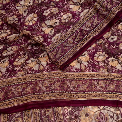 Indian Vintage Sari Maroon & Beige Pure Chiffon Silk Printed Sarees Craft Fabric Sewing 5Yard Soft Dress Making Quilting Upcycle Crfating