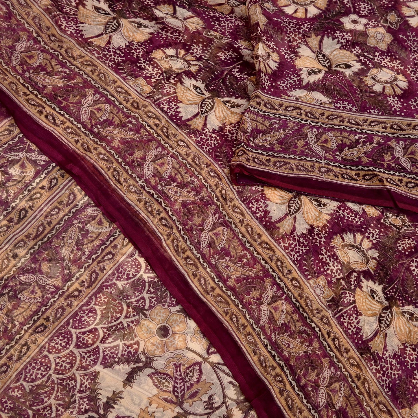 Indian Vintage Sari Maroon & Beige Pure Chiffon Silk Printed Sarees Craft Fabric Sewing 5Yard Soft Dress Making Quilting Upcycle Crfating