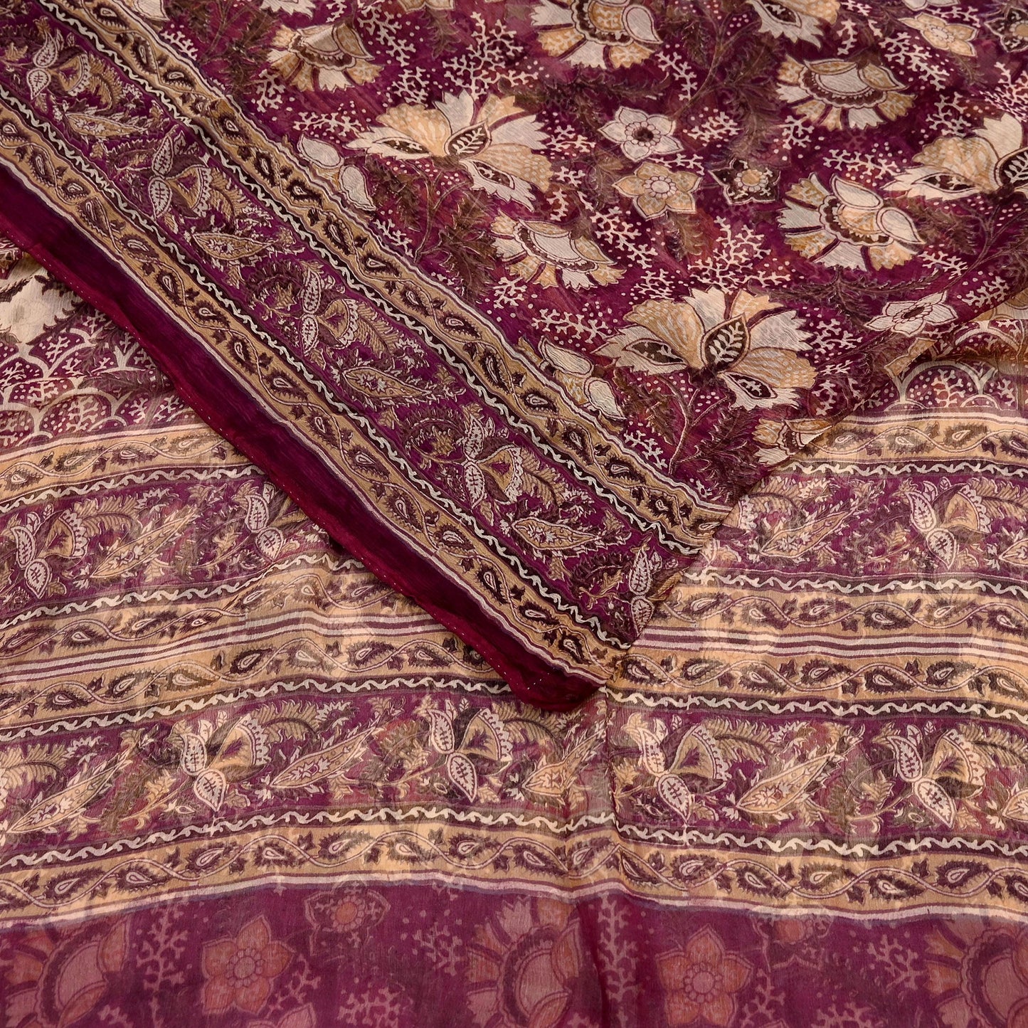 Indian Vintage Sari Maroon & Beige Pure Chiffon Silk Printed Sarees Craft Fabric Sewing 5Yard Soft Dress Making Quilting Upcycle Crfating