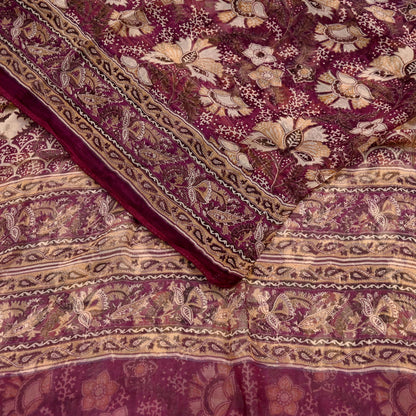 Indian Vintage Sari Maroon & Beige Pure Chiffon Silk Printed Sarees Craft Fabric Sewing 5Yard Soft Dress Making Quilting Upcycle Crfating