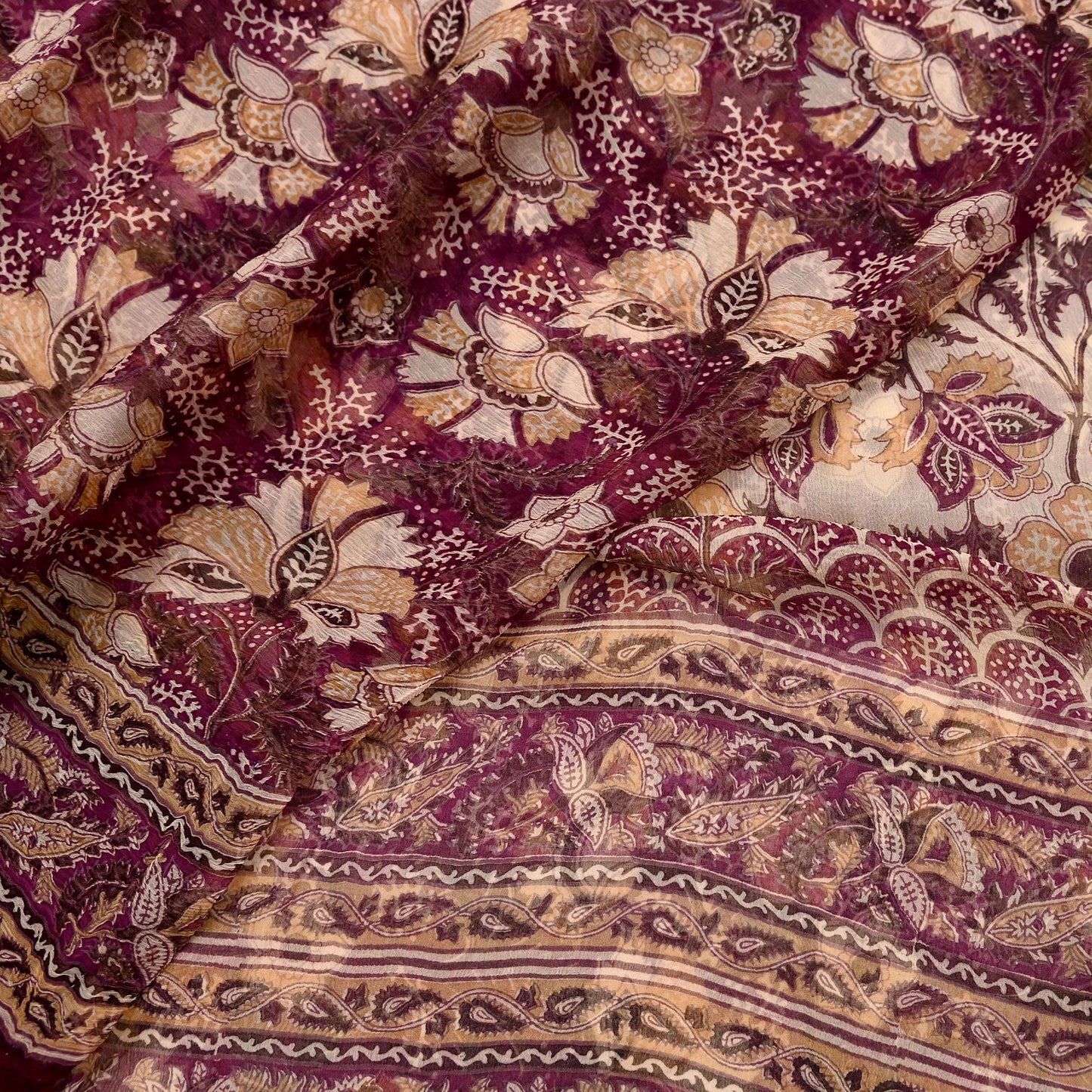 Indian Vintage Sari Maroon & Beige Pure Chiffon Silk Printed Sarees Craft Fabric Sewing 5Yard Soft Dress Making Quilting Upcycle Crfating
