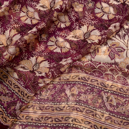 Indian Vintage Sari Maroon & Beige Pure Chiffon Silk Printed Sarees Craft Fabric Sewing 5Yard Soft Dress Making Quilting Upcycle Crfating