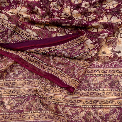 Indian Vintage Sari Maroon & Beige Pure Chiffon Silk Printed Sarees Craft Fabric Sewing 5Yard Soft Dress Making Quilting Upcycle Crfating