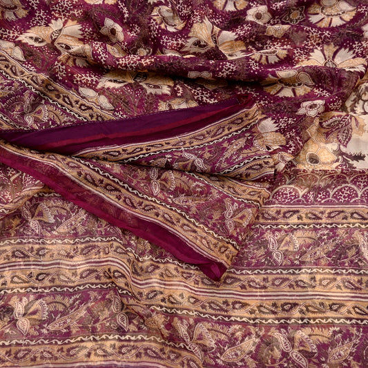 Indian Vintage Sari Maroon & Beige Pure Chiffon Silk Printed Sarees Craft Fabric Sewing 5Yard Soft Dress Making Quilting Upcycle Crfating