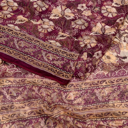 Indian Vintage Sari Maroon & Beige Pure Chiffon Silk Printed Sarees Craft Fabric Sewing 5Yard Soft Dress Making Quilting Upcycle Crfating