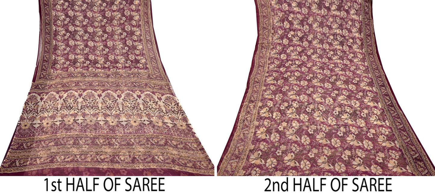 Indian Vintage Sari Maroon & Beige Pure Chiffon Silk Printed Sarees Craft Fabric Sewing 5Yard Soft Dress Making Quilting Upcycle Crfating