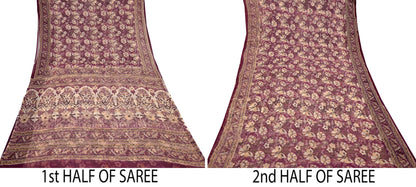 Indian Vintage Sari Maroon & Beige Pure Chiffon Silk Printed Sarees Craft Fabric Sewing 5Yard Soft Dress Making Quilting Upcycle Crfating