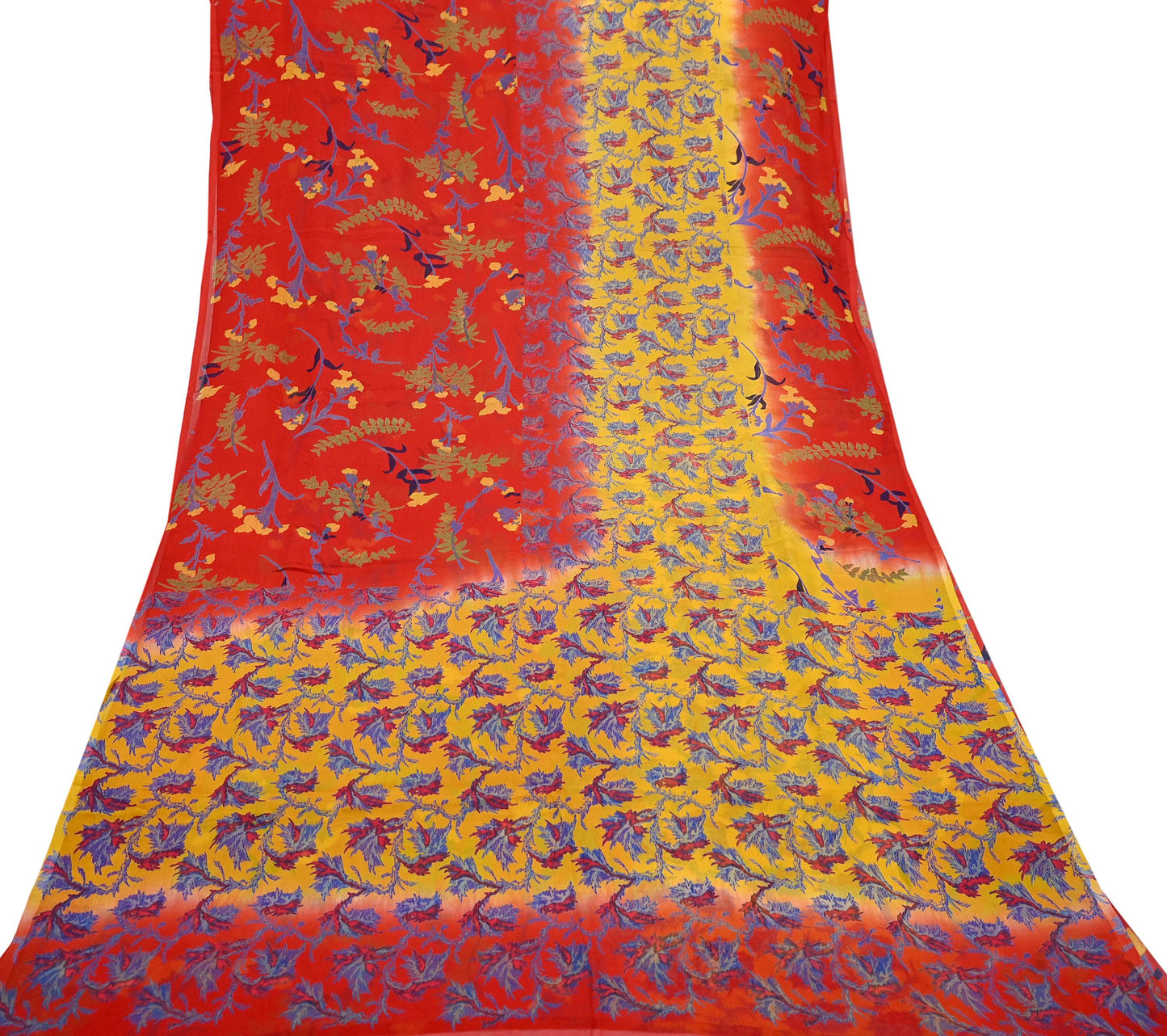 Women Vintage Sari Red & Yellow Pure Chiffon Silk Printed Saree Craft Fabric Sewing 5Yard Soft Light Sari Dress Making Floral
