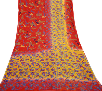 Women Vintage Sari Red & Yellow Pure Chiffon Silk Printed Saree Craft Fabric Sewing 5Yard Soft Light Sari Dress Making Floral