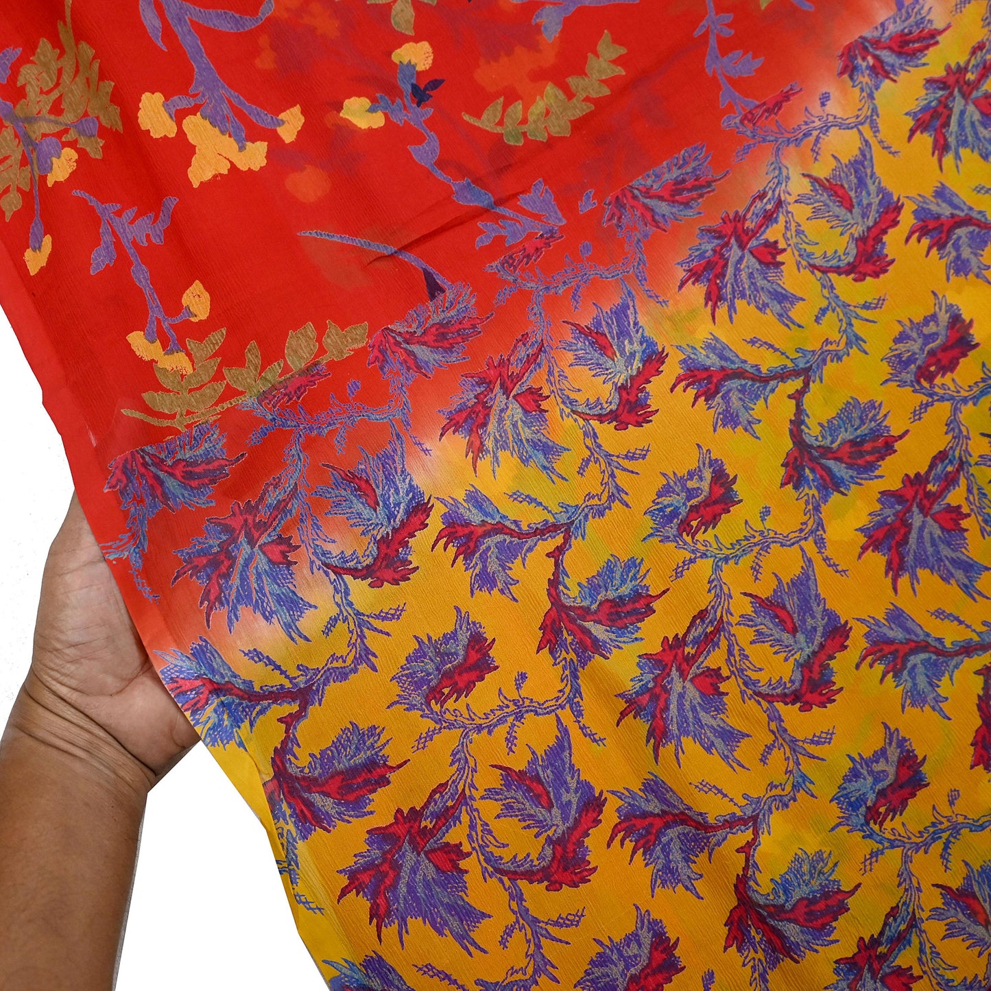 Women Vintage Sari Red & Yellow Pure Chiffon Silk Printed Saree Craft Fabric Sewing 5Yard Soft Light Sari Dress Making Floral