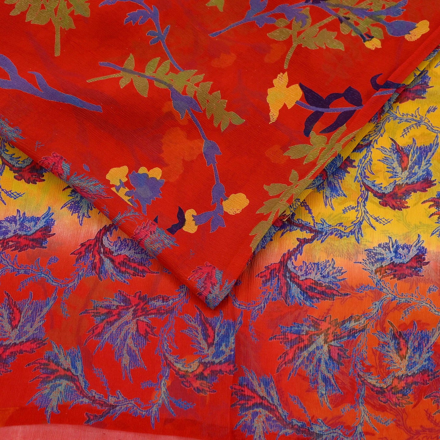 Women Vintage Sari Red & Yellow Pure Chiffon Silk Printed Saree Craft Fabric Sewing 5Yard Soft Light Sari Dress Making Floral