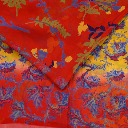 Women Vintage Sari Red & Yellow Pure Chiffon Silk Printed Saree Craft Fabric Sewing 5Yard Soft Light Sari Dress Making Floral