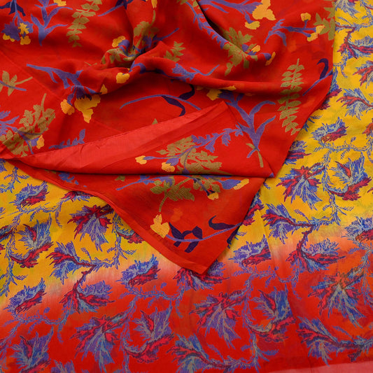 Women Vintage Sari Red & Yellow Pure Chiffon Silk Printed Saree Craft Fabric Sewing 5Yard Soft Light Sari Dress Making Floral