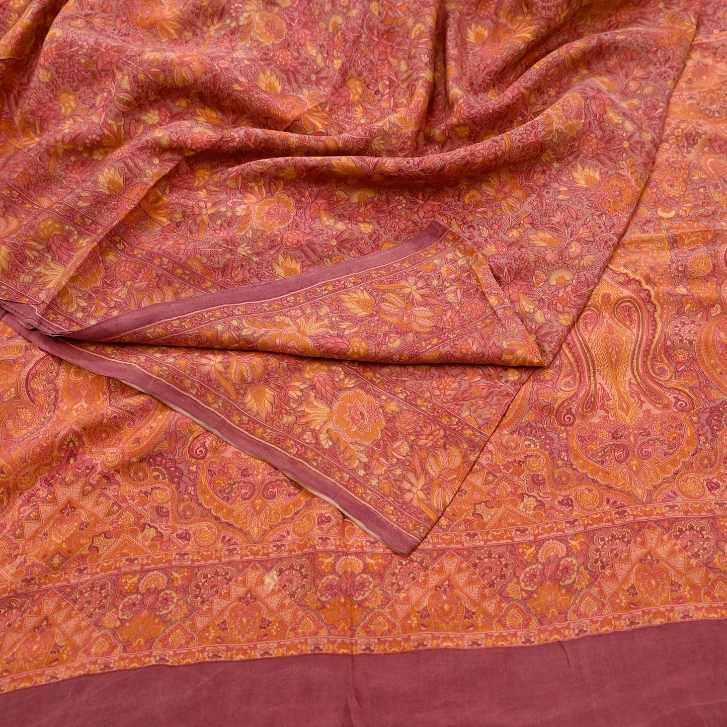 Indian Vintage Sari Brown Printed 100% Pure Satin Silk Sarees 5yd Sewing Craft Fabric Dress Making Wrap Upcycle Quilting Crafting