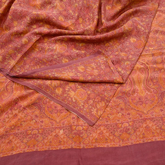 Indian Vintage Sari Brown Printed 100% Pure Satin Silk Sarees 5yd Sewing Craft Fabric Dress Making Wrap Upcycle Quilting Crafting