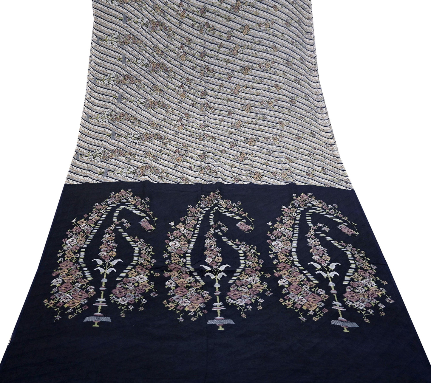 Indian Vintage Sari Gray & Blue Pure Silk Printed Saree 5yd Craft Fabric Sewing Floral Soft Dress Making Wrap used Quilting Crafting Upcycle