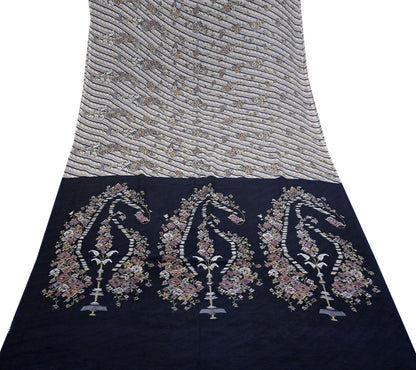 Indian Vintage Sari Gray & Blue Pure Silk Printed Saree 5yd Craft Fabric Sewing Floral Soft Dress Making Wrap used Quilting Crafting Upcycle