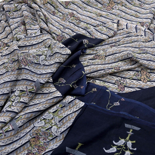 Indian Vintage Sari Gray & Blue Pure Silk Printed Saree 5yd Craft Fabric Sewing Floral Soft Dress Making Wrap used Quilting Crafting Upcycle