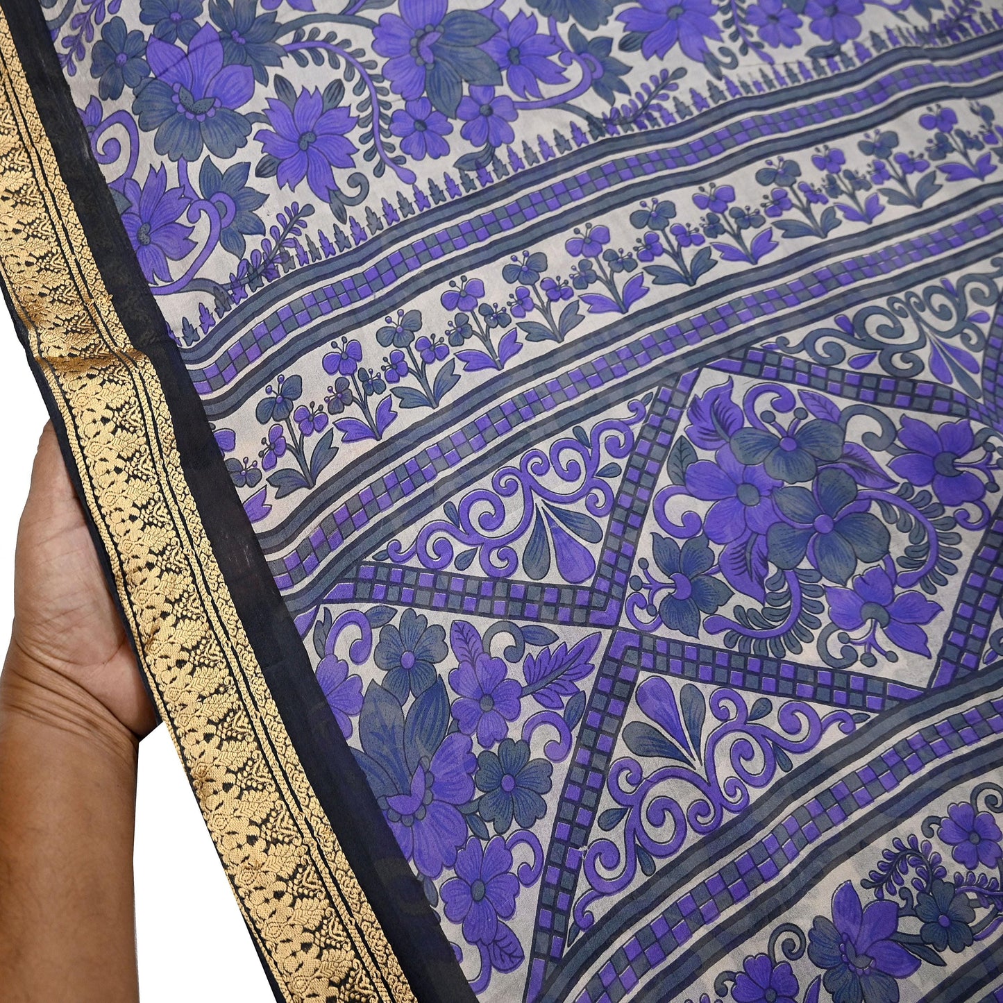 Indian Vintage Sari Purple & Ivory Pure Silk Printed Saree Fabric 5yd Sewing Craft Fabric DressMaking Floral Upcycle Quilting Crafting