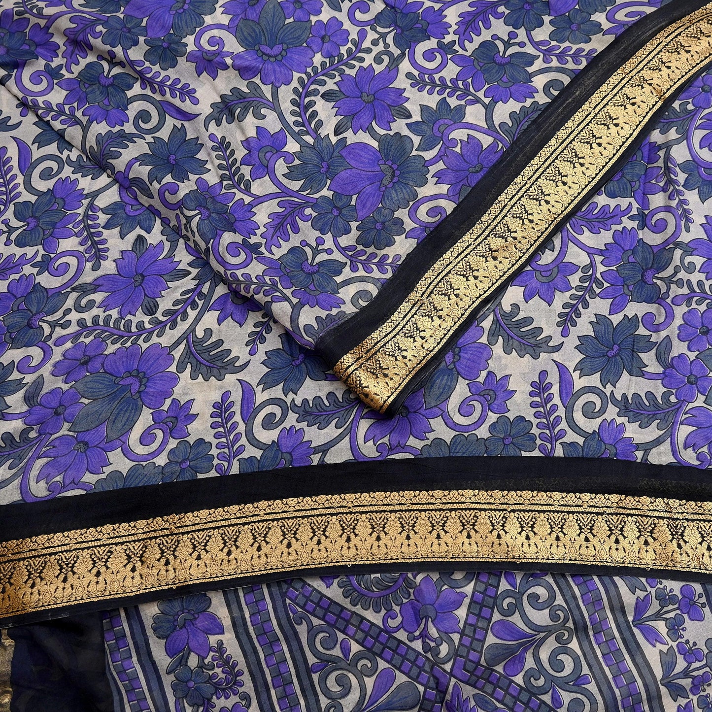 Indian Vintage Sari Purple & Ivory Pure Silk Printed Saree Fabric 5yd Sewing Craft Fabric DressMaking Floral Upcycle Quilting Crafting