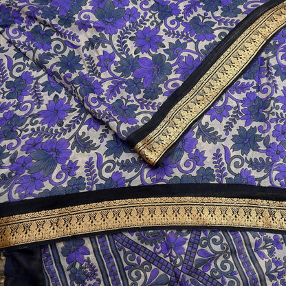 Indian Vintage Sari Purple & Ivory Pure Silk Printed Saree Fabric 5yd Sewing Craft Fabric DressMaking Floral Upcycle Quilting Crafting