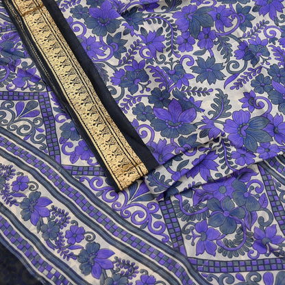 Indian Vintage Sari Purple & Ivory Pure Silk Printed Saree Fabric 5yd Sewing Craft Fabric DressMaking Floral Upcycle Quilting Crafting
