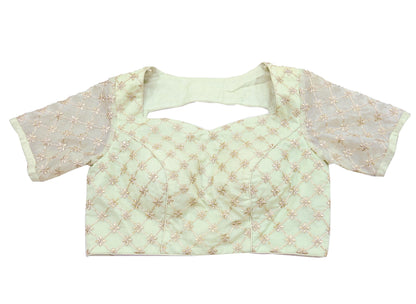 Indian Pre-owned Green Pure Organza Silk Hand Embroidered By Designer Abu Jani Blouse/Top/Crop 36 Size Party wear Bollywood