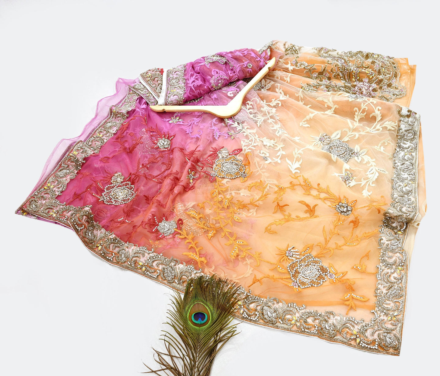 Indian Pre-owned Sari Multi Net/Mesh Hand Embroidered Anamika Khanna Designer Sarees Ethnic 5Yd Sewing  Zardozi/Dabka Zari Wedding Sarees