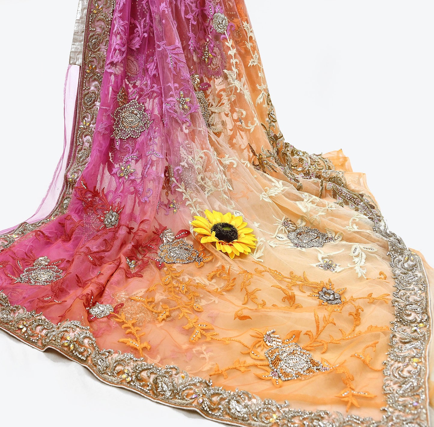 Indian Pre-owned Sari Multi Net/Mesh Hand Embroidered Anamika Khanna Designer Sarees Ethnic 5Yd Sewing  Zardozi/Dabka Zari Wedding Sarees