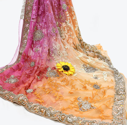 Indian Pre-owned Sari Multi Net/Mesh Hand Embroidered Anamika Khanna Designer Sarees Ethnic 5Yd Sewing  Zardozi/Dabka Zari Wedding Sarees