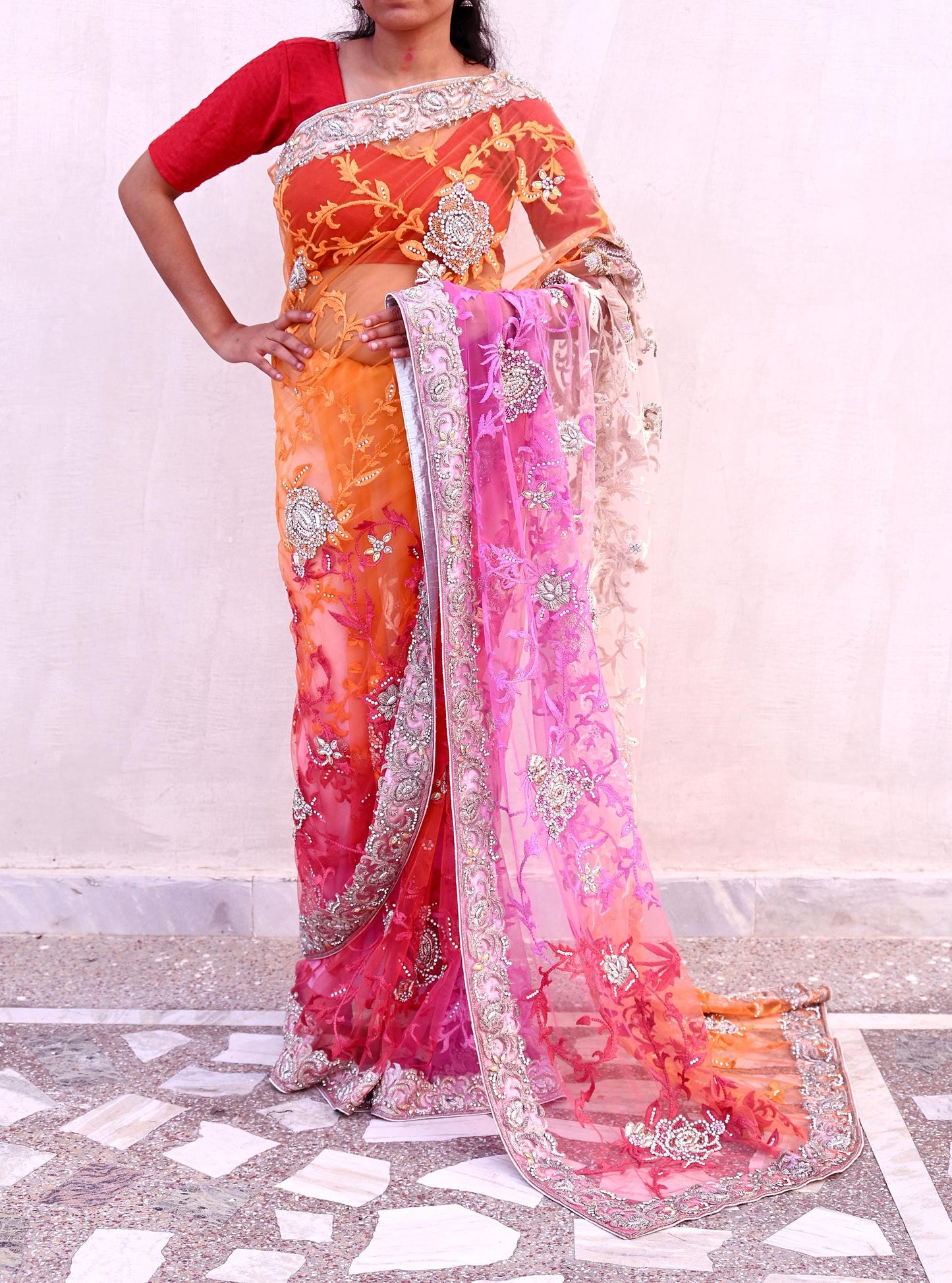 Indian Pre-owned Sari Multi Net/Mesh Hand Embroidered Anamika Khanna Designer Sarees Ethnic 5Yd Sewing  Zardozi/Dabka Zari Wedding Sarees