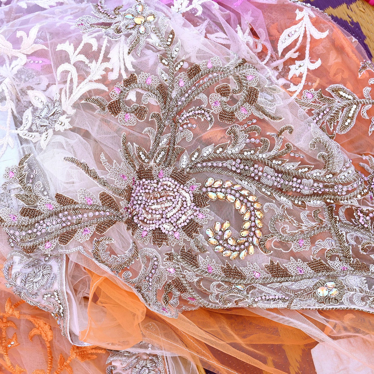 Indian Pre-owned Sari Multi Net/Mesh Hand Embroidered Anamika Khanna Designer Sarees Ethnic 5Yd Sewing  Zardozi/Dabka Zari Wedding Sarees