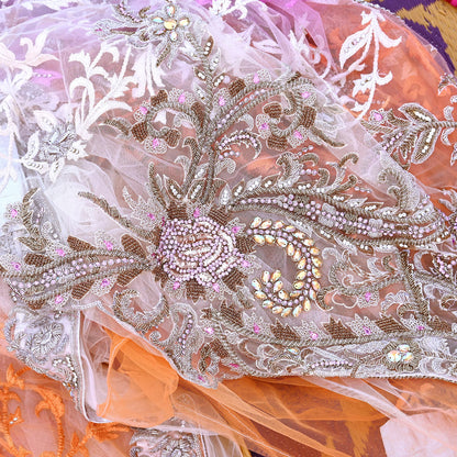 Indian Pre-owned Sari Multi Net/Mesh Hand Embroidered Anamika Khanna Designer Sarees Ethnic 5Yd Sewing  Zardozi/Dabka Zari Wedding Sarees