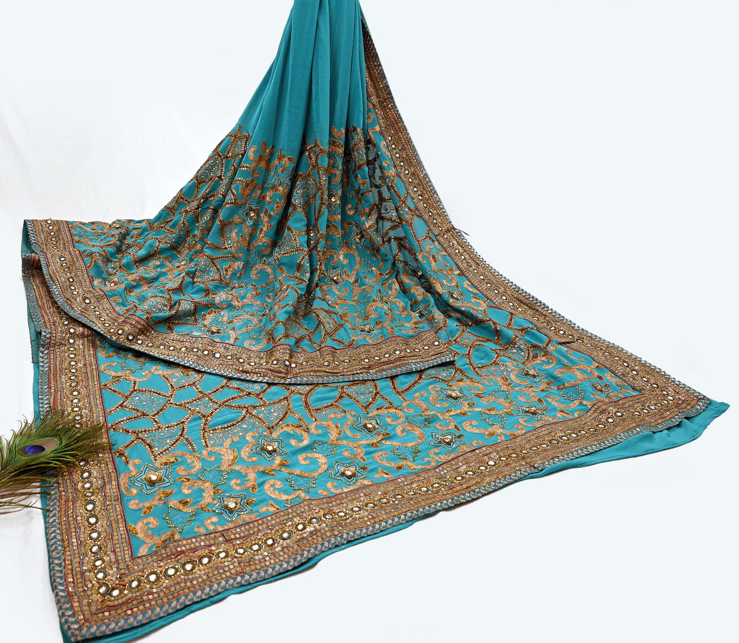 Indian Pre-owned Sari Green Pure Georgette Silk Hand Embroidered Anamika Khanna Designer Sarees Ethnic 6Yd Sewing  Zardozi Wedding Sarees