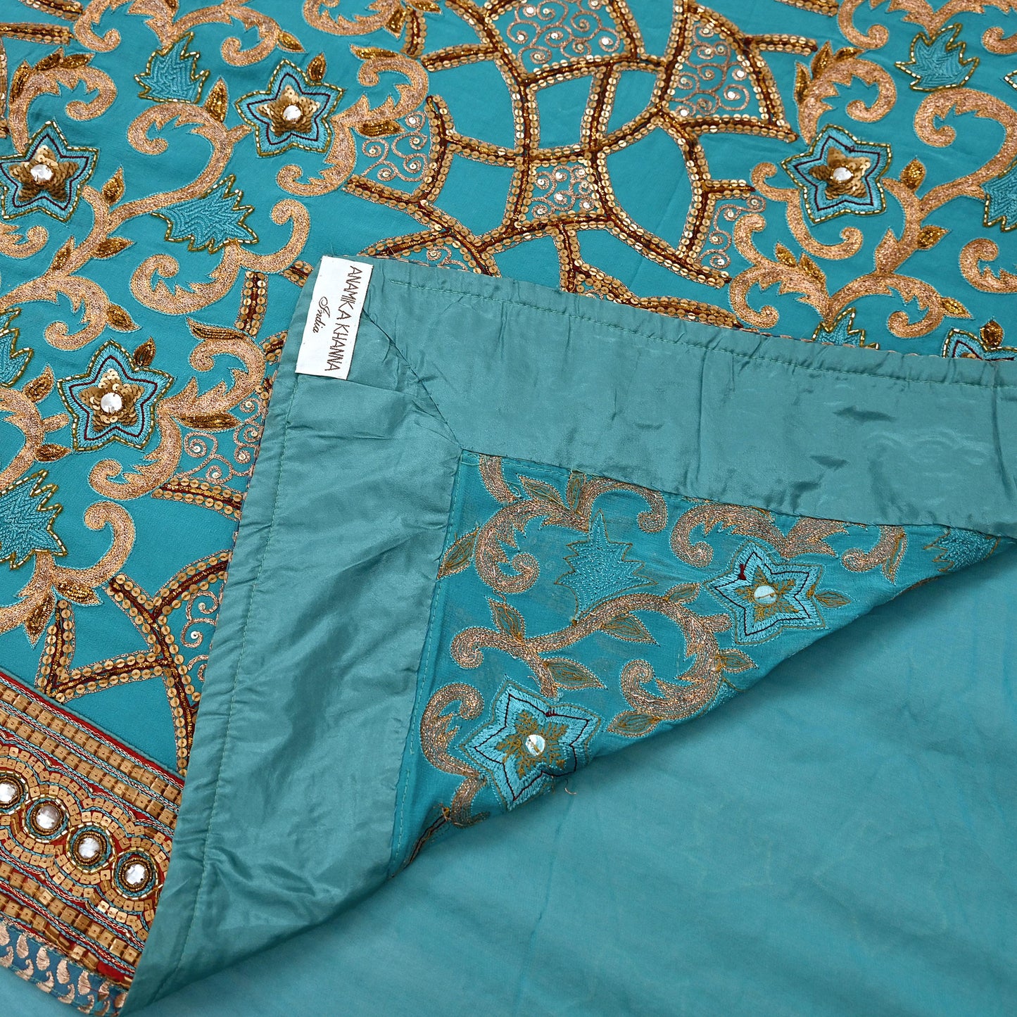 Indian Pre-owned Sari Green Pure Georgette Silk Hand Embroidered Anamika Khanna Designer Sarees Ethnic 6Yd Sewing  Zardozi Wedding Sarees