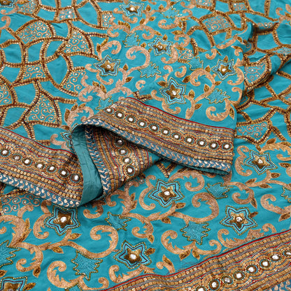 Indian Pre-owned Sari Green Pure Georgette Silk Hand Embroidered Anamika Khanna Designer Sarees Ethnic 6Yd Sewing  Zardozi Wedding Sarees