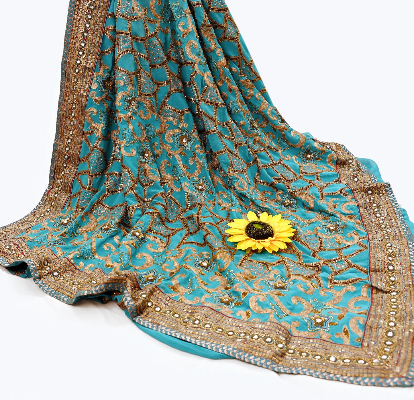 Indian Pre-owned Sari Green Pure Georgette Silk Hand Embroidered Anamika Khanna Designer Sarees Ethnic 6Yd Sewing  Zardozi Wedding Sarees