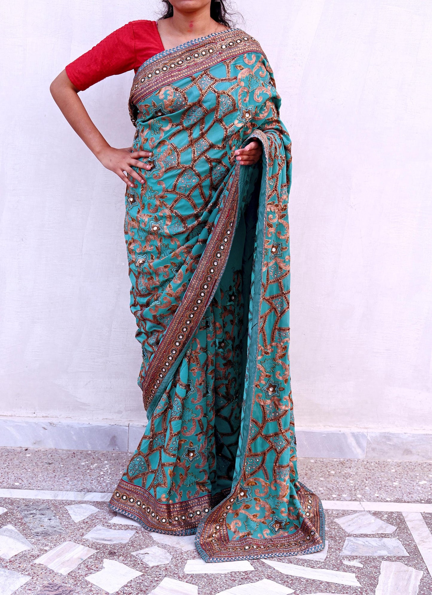 Indian Pre-owned Sari Green Pure Georgette Silk Hand Embroidered Anamika Khanna Designer Sarees Ethnic 6Yd Sewing  Zardozi Wedding Sarees