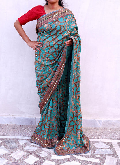 Indian Pre-owned Sari Green Pure Georgette Silk Hand Embroidered Anamika Khanna Designer Sarees Ethnic 6Yd Sewing  Zardozi Wedding Sarees