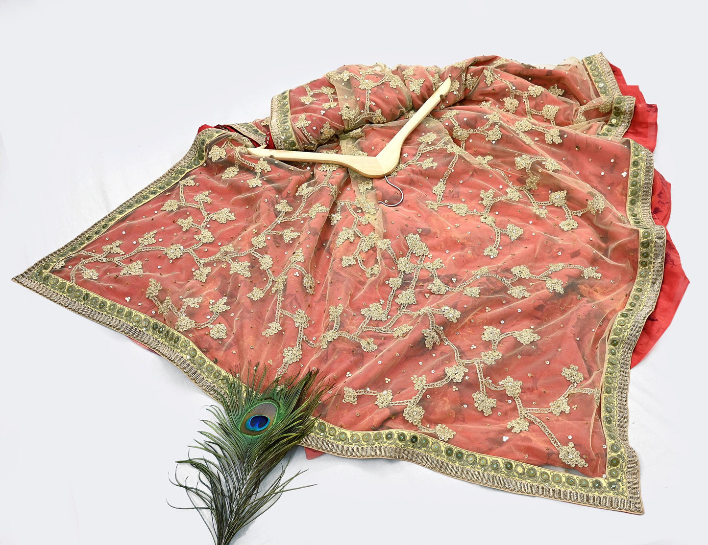 Indian Pre-owned Saree Beige & Red Pure Silk, Net Hand Embroidered Sabyasachi Designer Sari 6Yd Soft Ethnic Bollywood Party saree