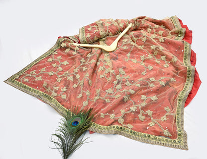 Indian Pre-owned Saree Beige & Red Pure Silk, Net Hand Embroidered Sabyasachi Designer Sari 6Yd Soft Ethnic Bollywood Party saree