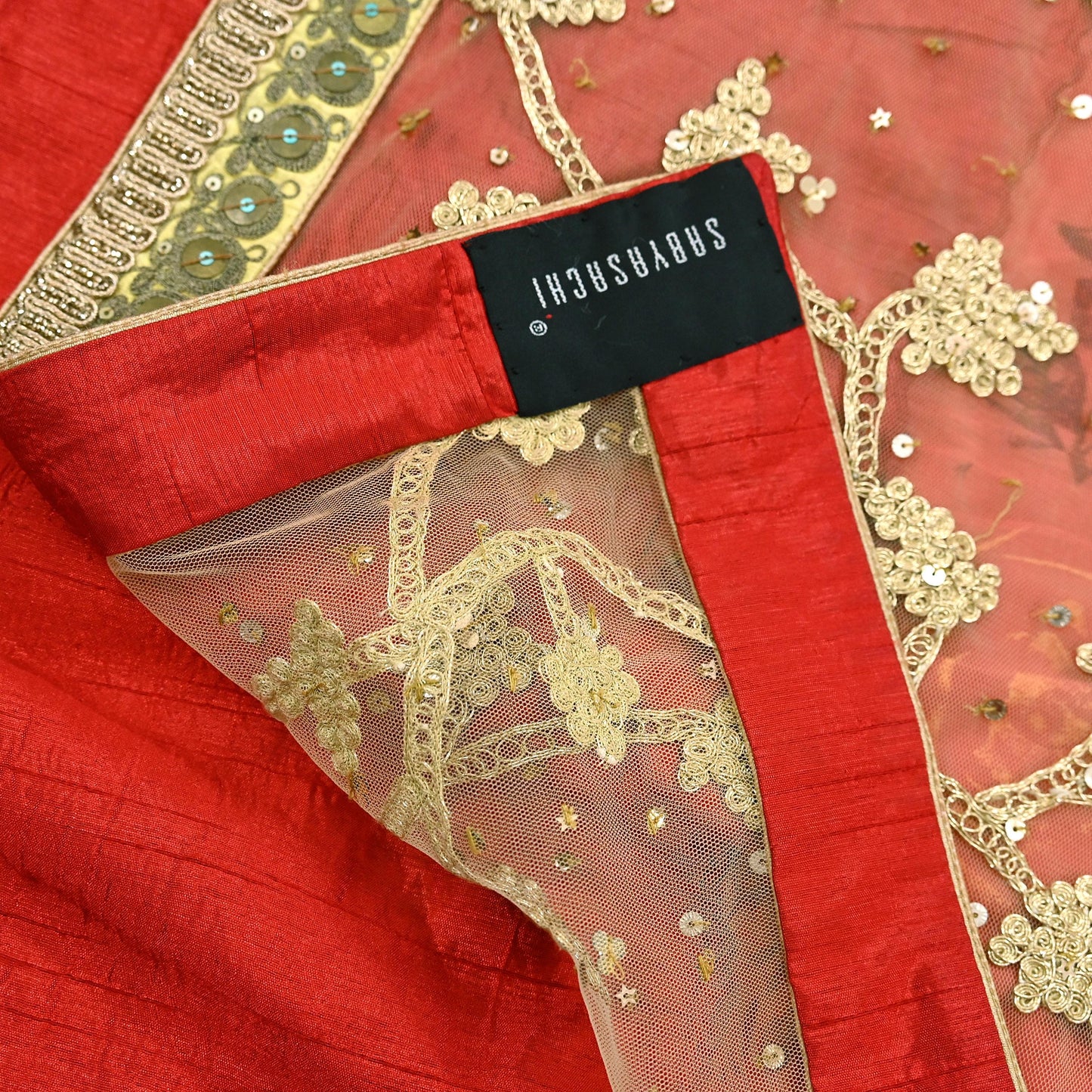 Indian Pre-owned Saree Beige & Red Pure Silk, Net Hand Embroidered Sabyasachi Designer Sari 6Yd Soft Ethnic Bollywood Party saree