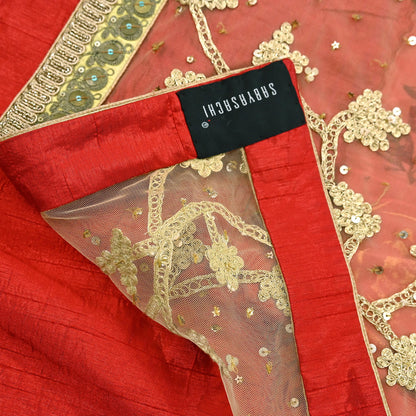 Indian Pre-owned Saree Beige & Red Pure Silk, Net Hand Embroidered Sabyasachi Designer Sari 6Yd Soft Ethnic Bollywood Party saree