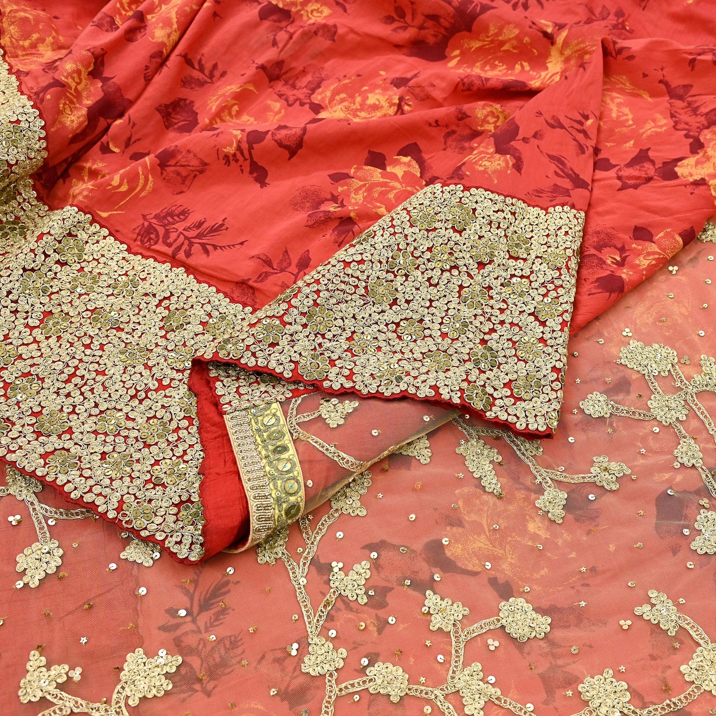 Indian Pre-owned Saree Beige & Red Pure Silk, Net Hand Embroidered Sabyasachi Designer Sari 6Yd Soft Ethnic Bollywood Party saree