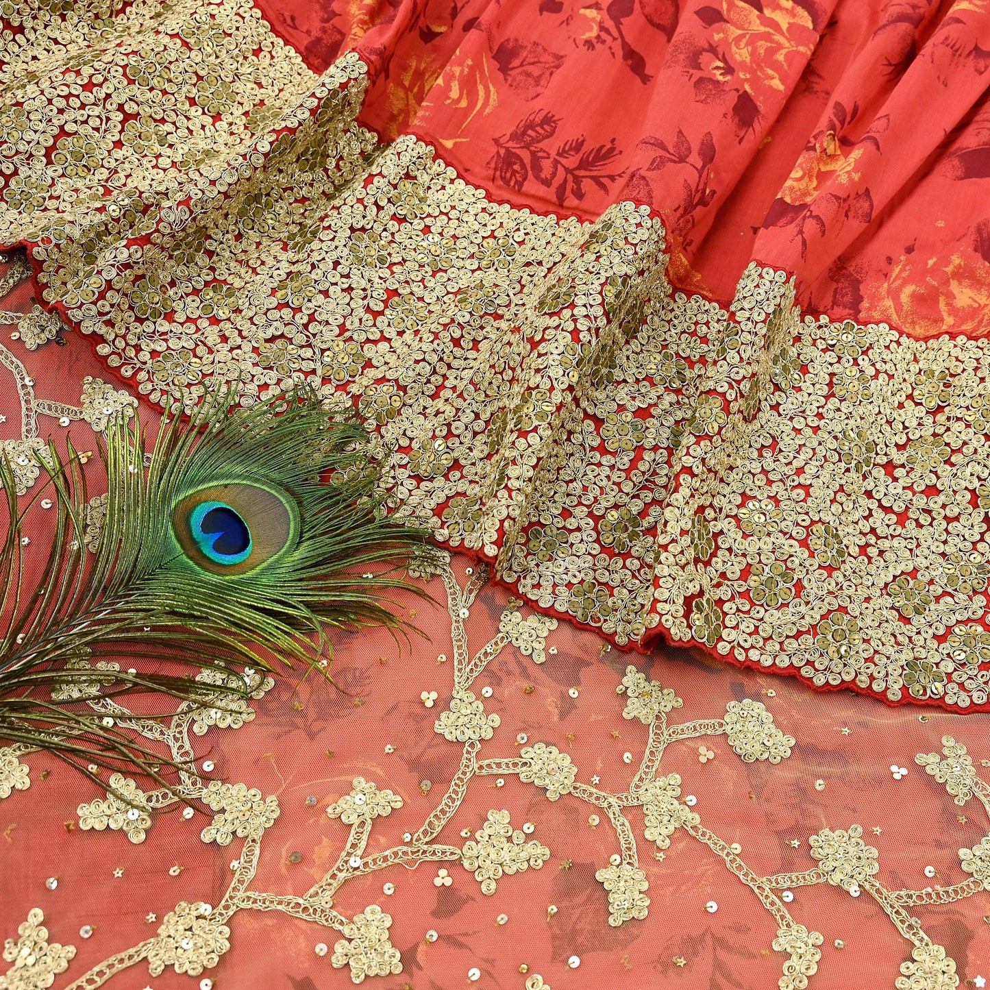 Indian Pre-owned Saree Beige & Red Pure Silk, Net Hand Embroidered Sabyasachi Designer Sari 6Yd Soft Ethnic Bollywood Party saree