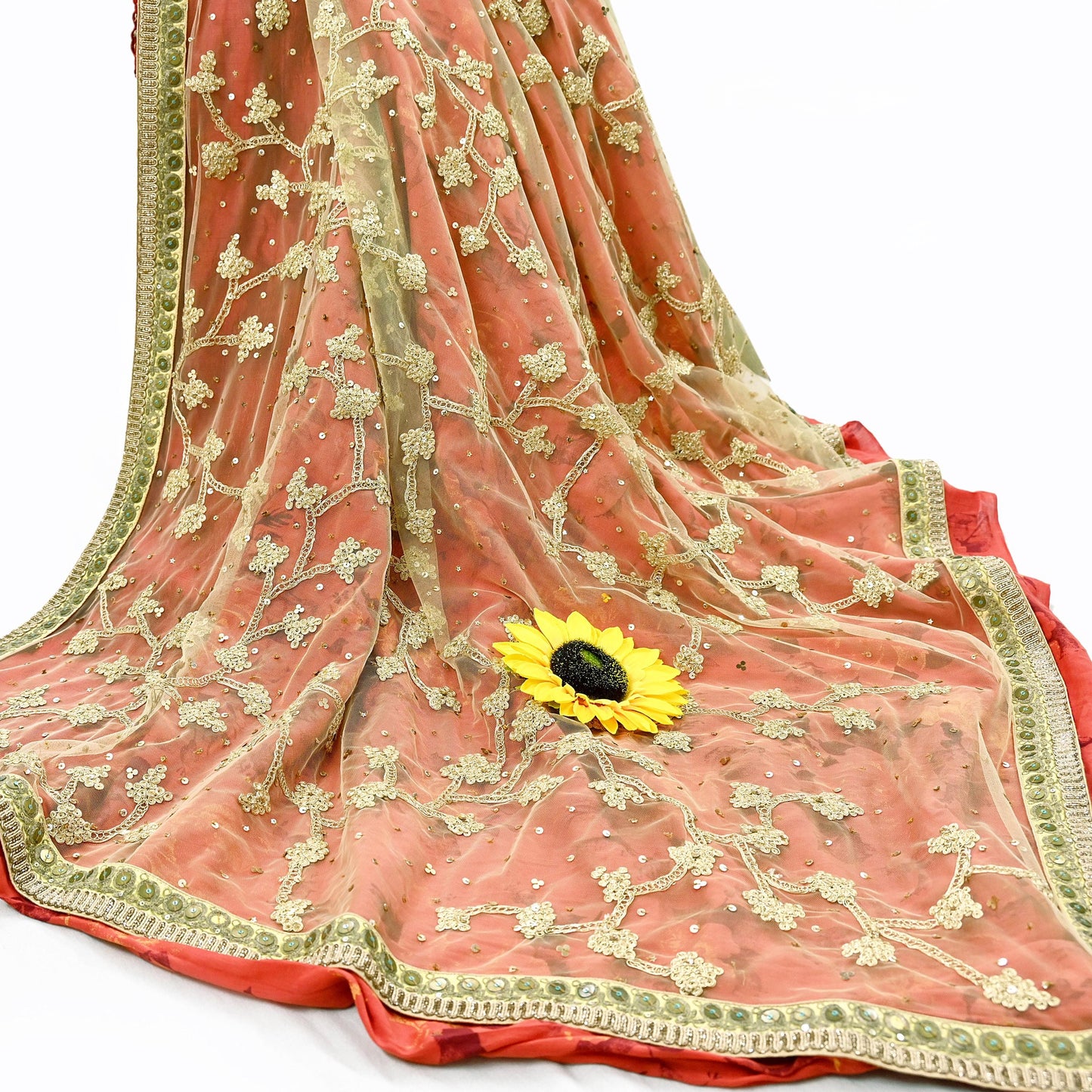 Indian Pre-owned Saree Beige & Red Pure Silk, Net Hand Embroidered Sabyasachi Designer Sari 6Yd Soft Ethnic Bollywood Party saree