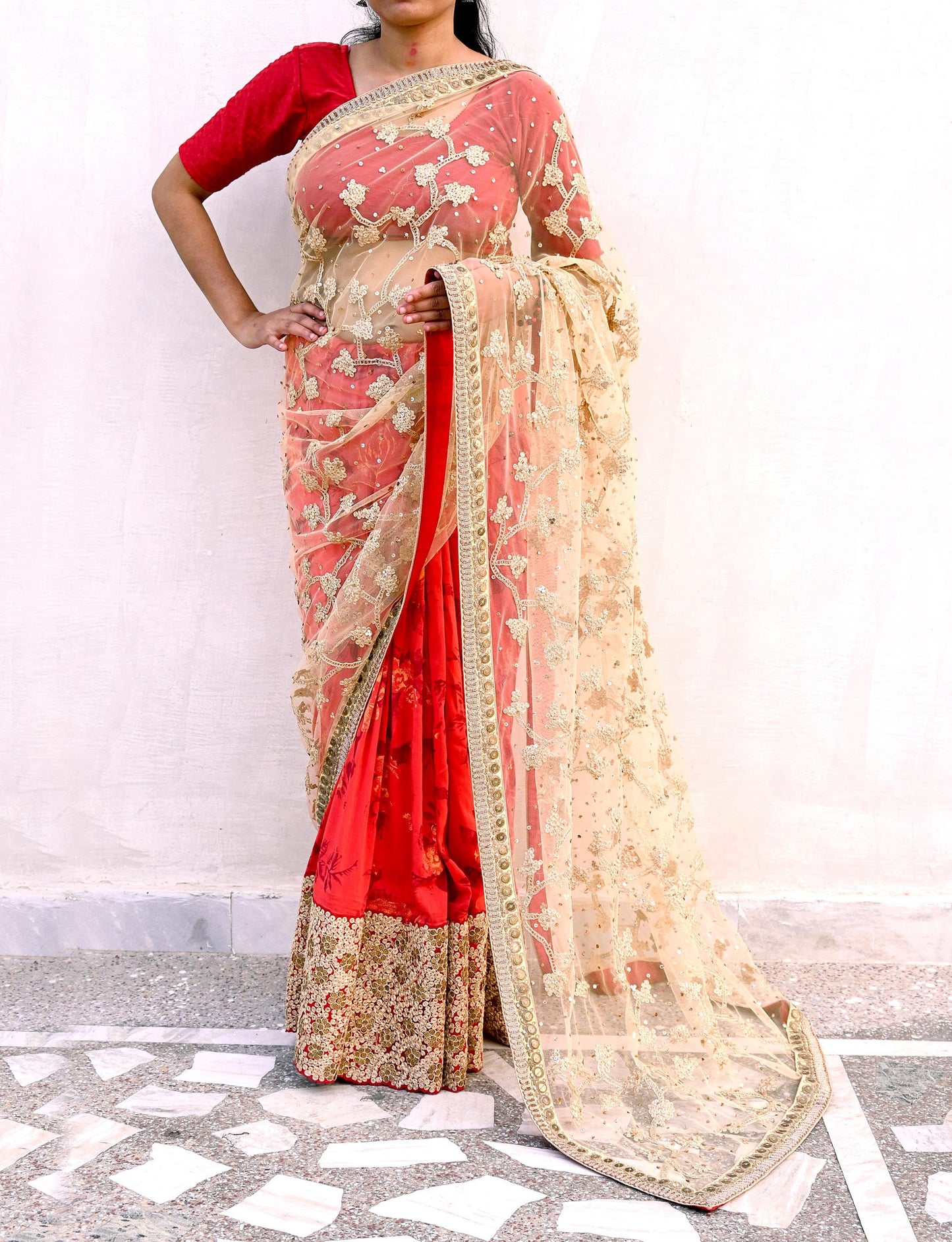 Indian Pre-owned Saree Beige & Red Pure Silk, Net Hand Embroidered Sabyasachi Designer Sari 6Yd Soft Ethnic Bollywood Party saree