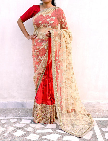 Indian Pre-owned Saree Beige & Red Pure Silk, Net Hand Embroidered Sabyasachi Designer Sari 6Yd Soft Ethnic Bollywood Party saree