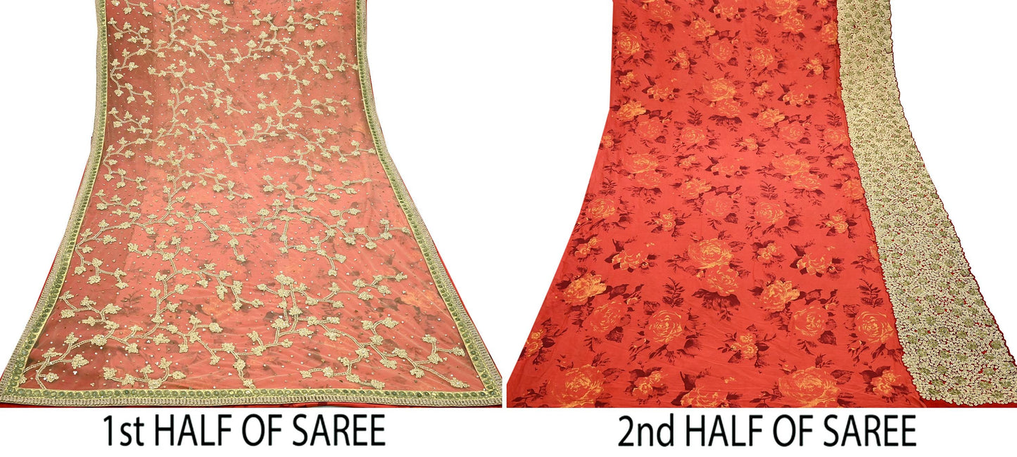 Indian Pre-owned Saree Beige & Red Pure Silk, Net Hand Embroidered Sabyasachi Designer Sari 6Yd Soft Ethnic Bollywood Party saree